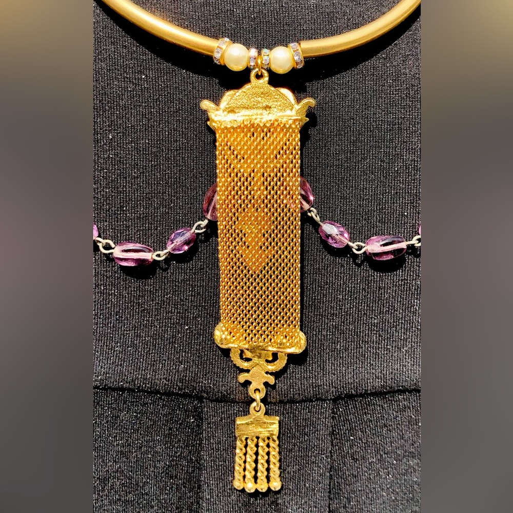 Handcrafted unique watch fob necklace Gold filled fob-amethyst, pearl turquoise - Picture 9 of 12